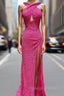 Fuchsia Sequins Backless Prom Dress