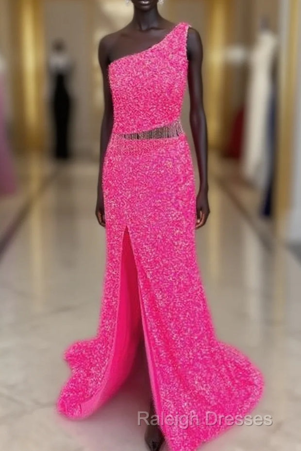 Fuchsia Sequins One Shoulder Cut-Out Tassels Long Prom Dress With Slit Main image