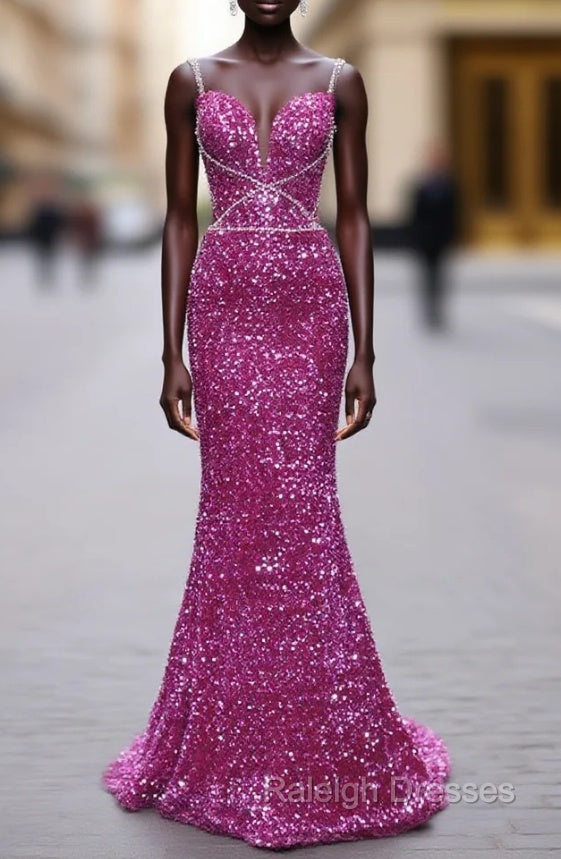 Fuchsia Sequins Spaghetti Straps Prom Dress Main image