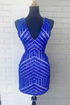 Fuchsia Sequins V Neck Tight Homecoming Dress