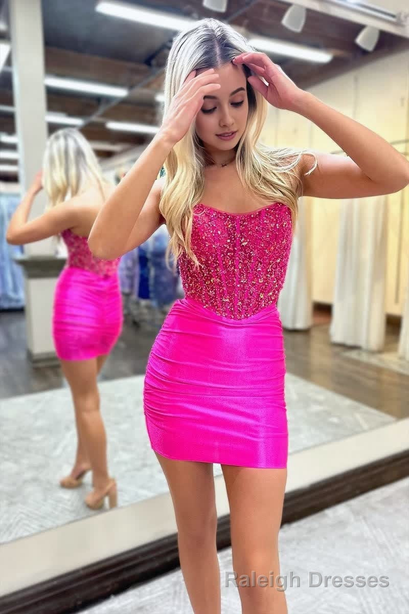 Fuchsia Strapless Sequins Bodycon Short Homecoming Dresses
