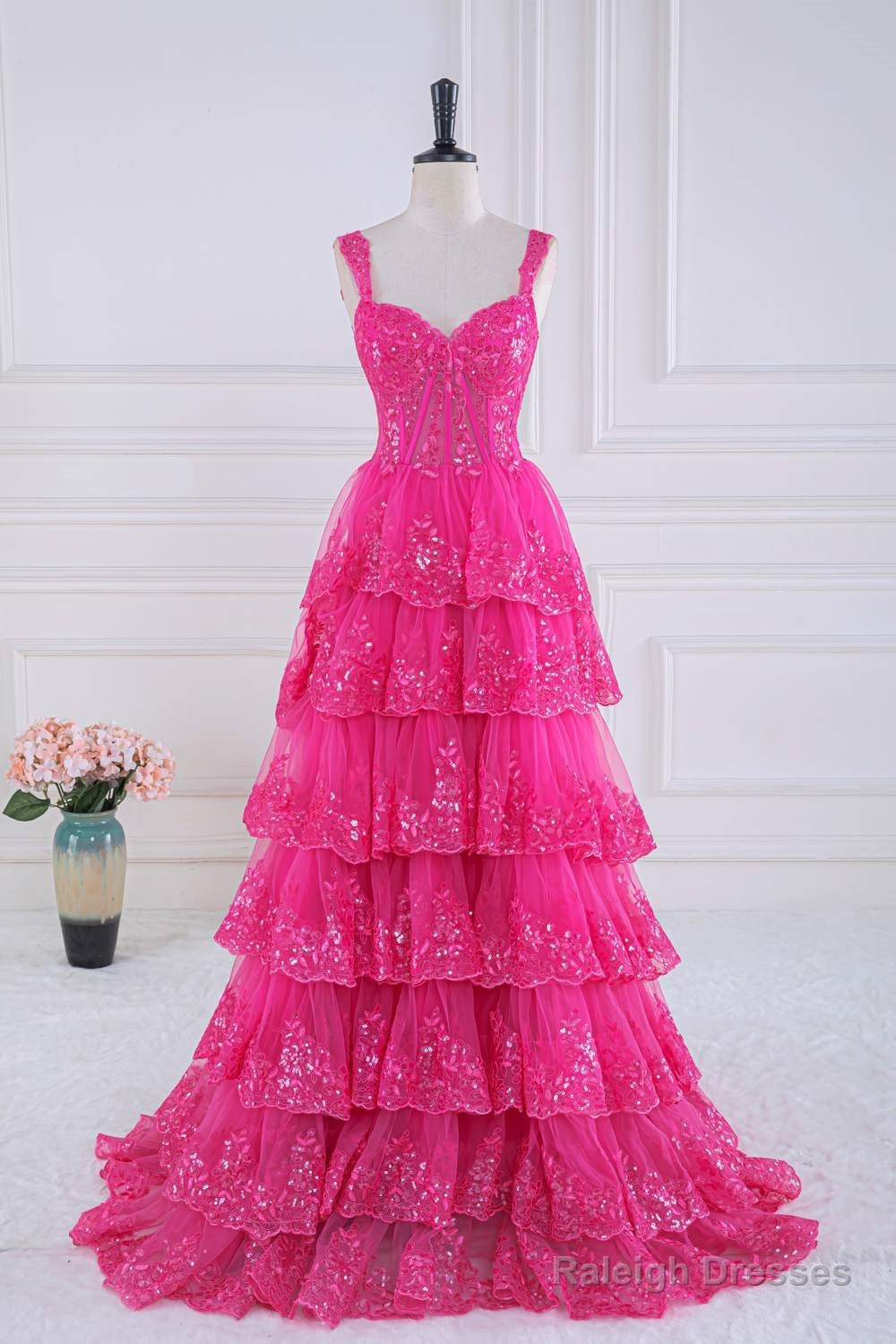 Fuchsia Sweetheart Corset Sequin Layered Ball Gown Main image