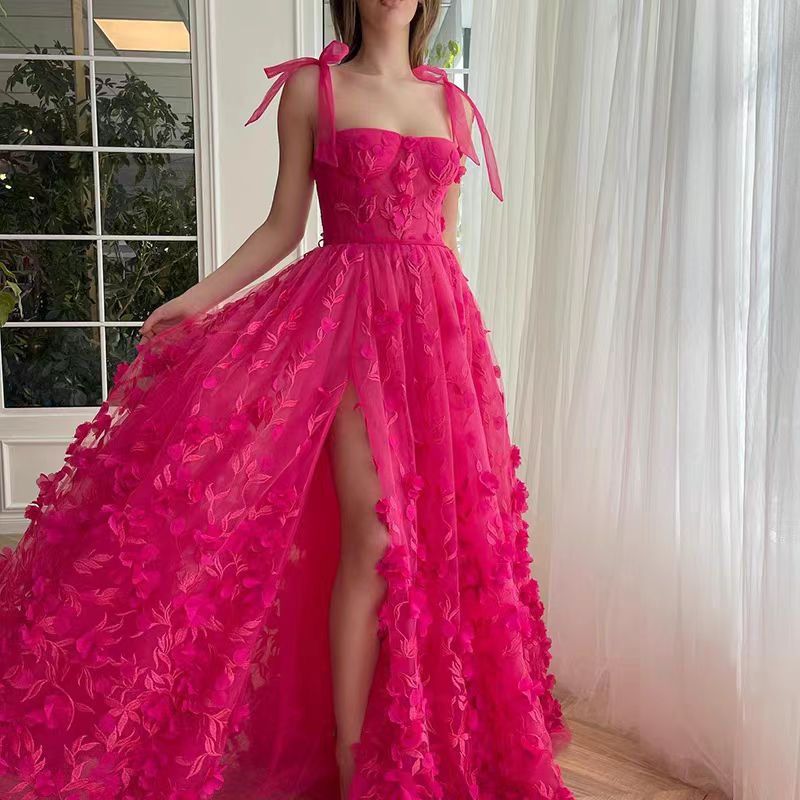 Fuchsia Tie Up Straps Lace Prom Dresses Secondary image