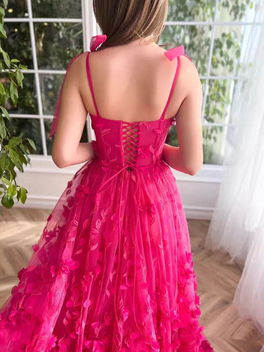 Fuchsia Tie Up Straps Lace Prom Dresses