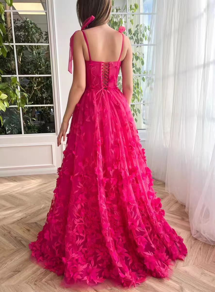 Fuchsia Tie Up Straps Lace Prom Dresses