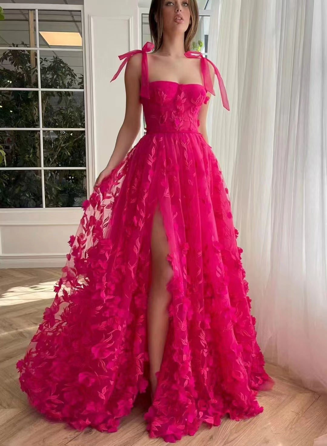 Fuchsia Tie Up Straps Lace Prom Dresses Main image