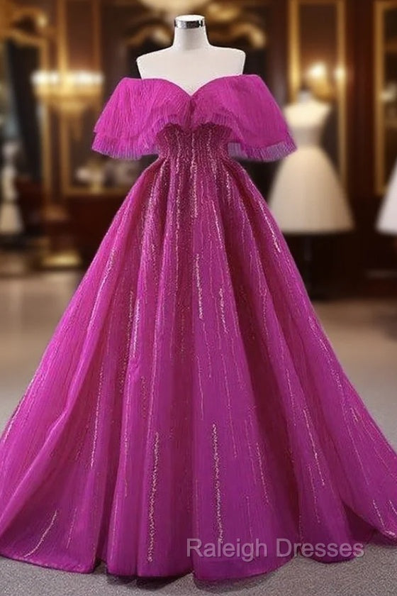 Fuchsia Tulle Beading Off the Shoulder Prom Dress Main image