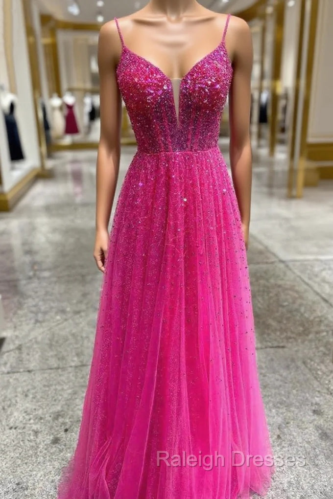 Fuchsia Tulle Spaghetti Straps Prom Dress