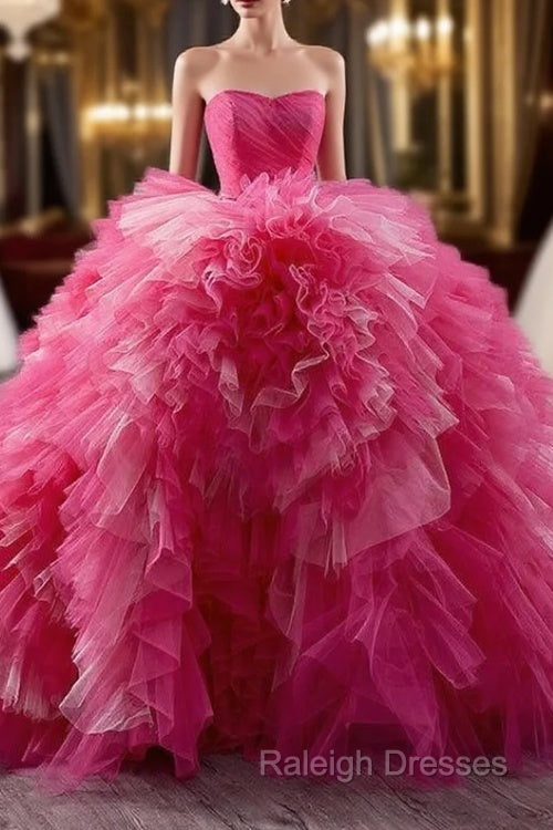 Fuchsia Tulle Strapless Pleats Tiers Princess Dress Main image