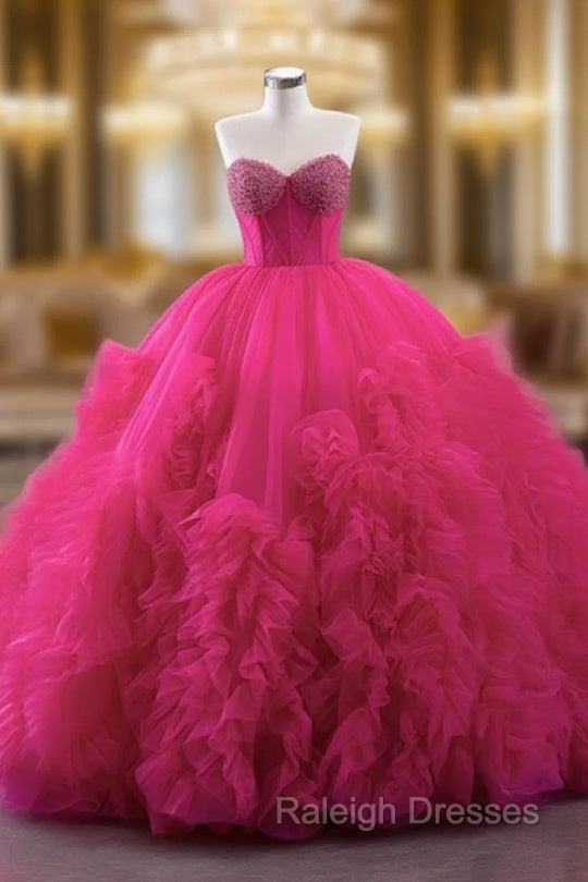 Fuchsia Tulle Sweetheart Neck Pearls Prom Dress