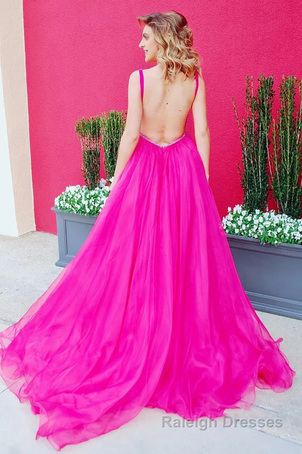 Fuchsia V Neck Backless Long Prom Dress
