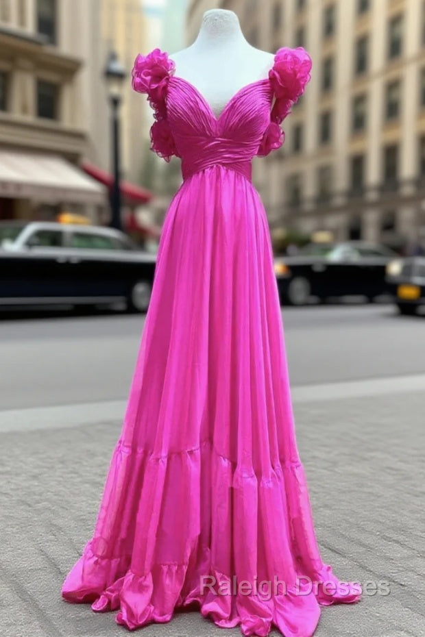 Fuchsia V-neck Pleats Backless Prom Dress Main image