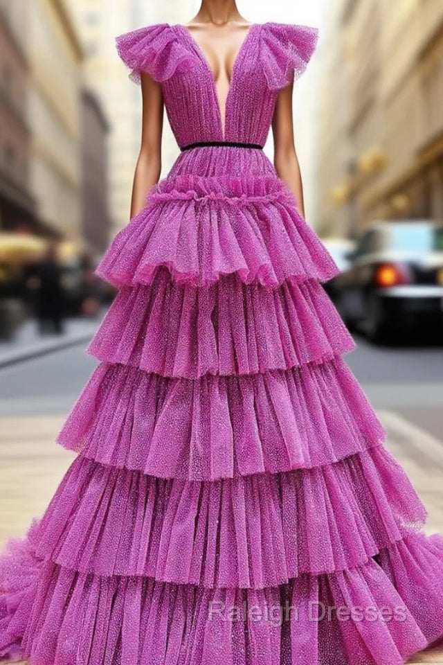 Fuchsia V-neck Pleats Tiers Prom Dress Main image