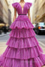 Fuchsia V-neck Pleats Tiers Prom Dress