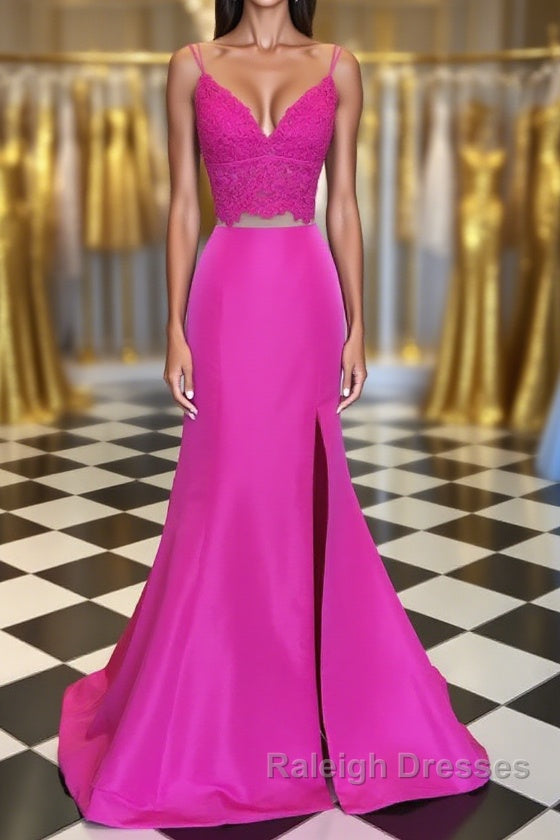 Fuchsia V Neck Two Pieces Mermaid Lace Top Satin Prom Dresses Long with Slit Mermaid Lace Fuchsia Prom Graduation Prom Dress Main image