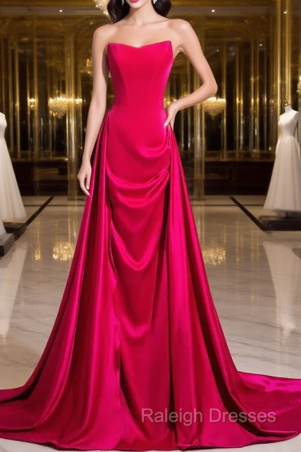 Fuchsia Velvet Satin Strapless Pleats Prom Dress