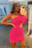 Fuchsia Waist Cut Out One Shoulder Tight Sequins Homecoming Dress with Sleeves