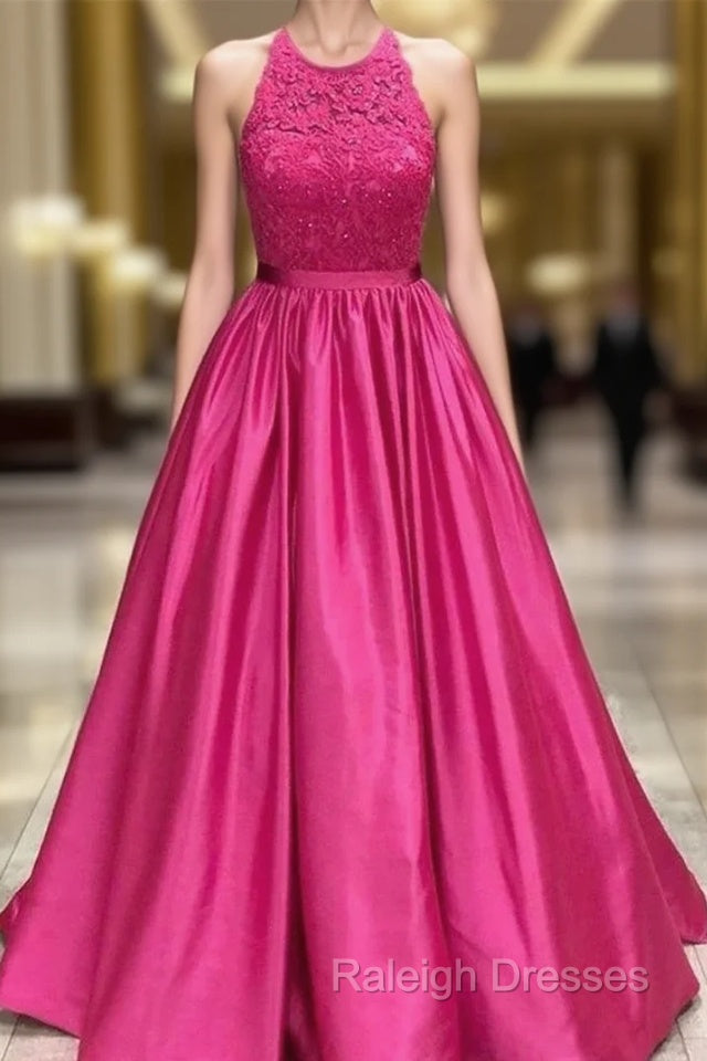Fuscia Lace Appliques Satin Halter Prom Dress Main image
