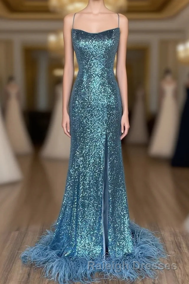 Long Sequined Blue Straps Prom Dress with Feather Hem Main image