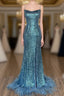 Long Sequined Blue Straps Prom Dress with Feather Hem