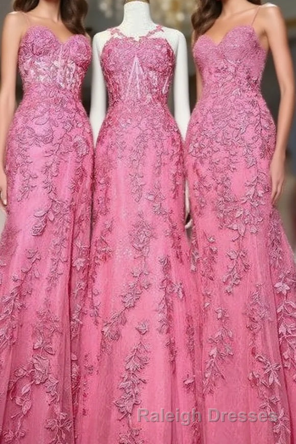 Gorgeous Hot Pink Lace Appliques Long Formal Dress Main image
