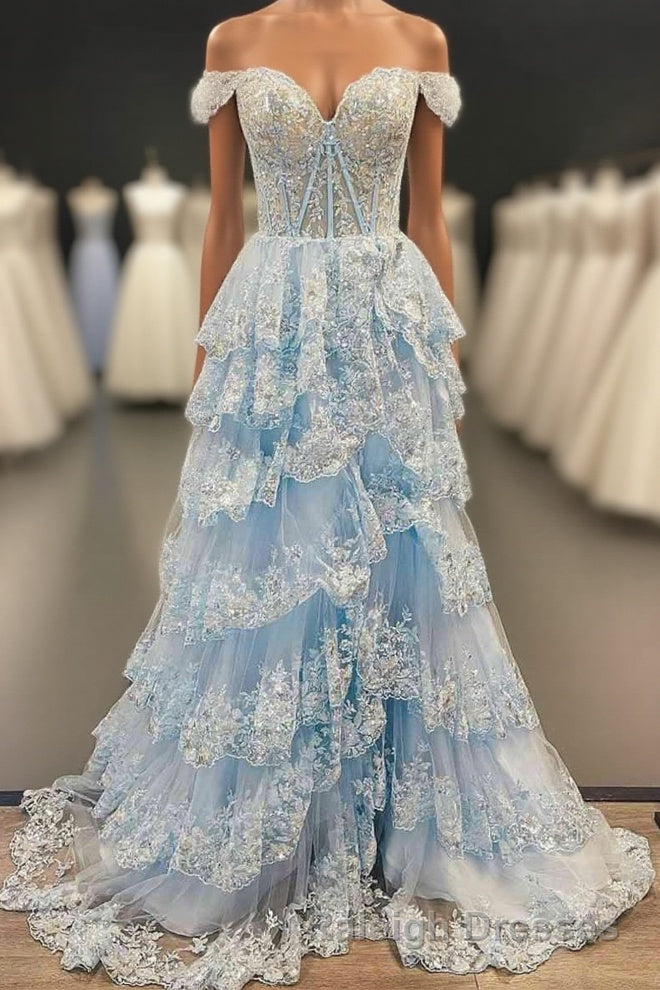 Light Blue Corset Lace Tiered Tulle Long Formal Dress