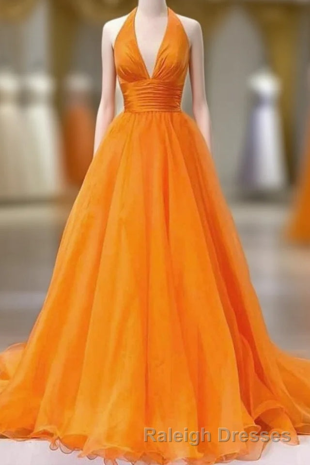 Elegant Orange Halter A-Line Long Party Dress Main image