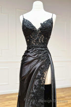 Black Floral Lace V-Neck Long Prom Dress with Slit