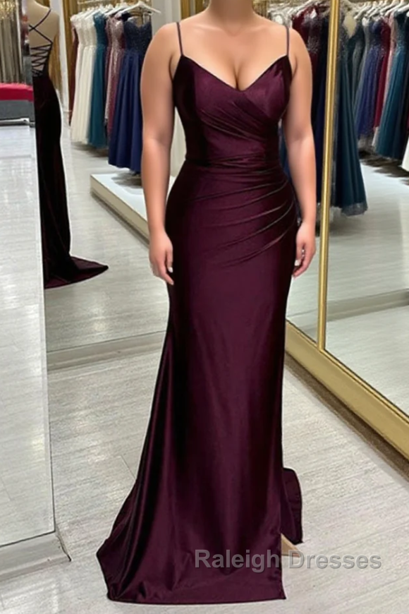 Cabernet Satin V Neck Lace-Up Back Pleated Long Prom Dress with Silt Main image