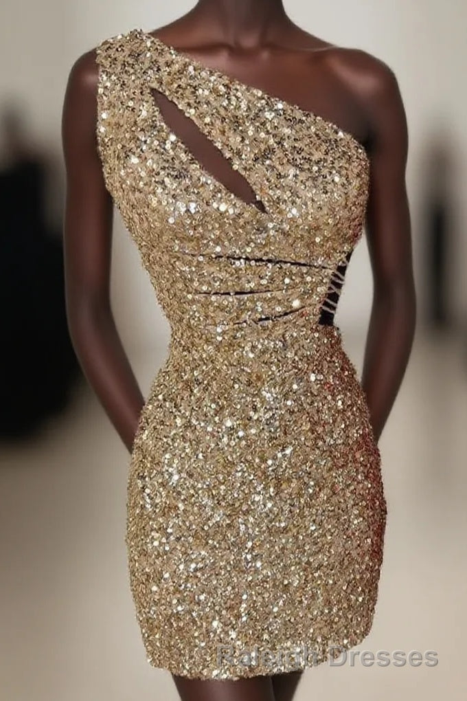 One Shoulder Gold Cutout Sequin Tight Homecoming Dress Main image