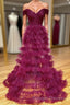 Off the Shoulder Burgundy Pleated Sheer Tiered Prom Dress