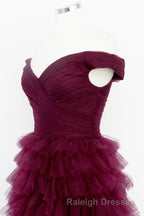 Off the Shoulder Burgundy Pleated Sheer Tiered Prom Dress