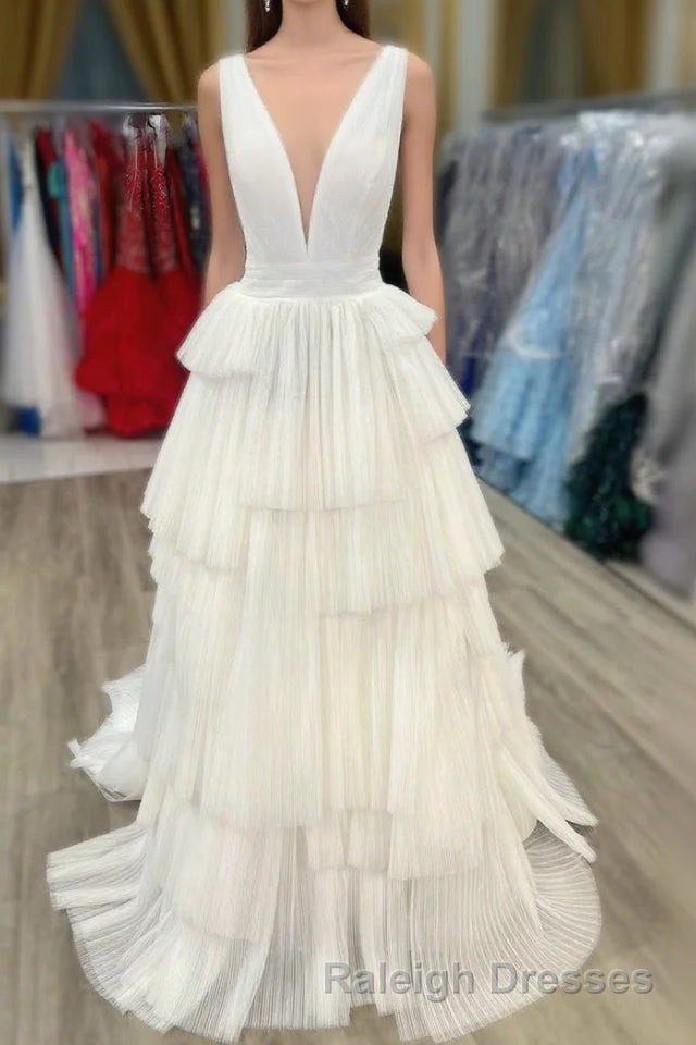 White V-Neck Pleated Layered Long Formal Dress Main image
