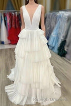 White V-Neck Pleated Layered Long Formal Dress
