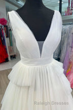 White V-Neck Pleated Layered Long Formal Dress