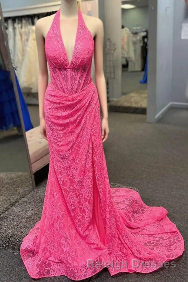 Halter Hot Pink Lace Ruched Mermaid Prom Dress Main image