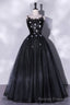 Black Tulle Long A-Line Evening Gown, Black Spaghetti Strap Evening Gown