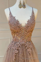 Sparkly Spaghetti Straps V Neck Lace Appliques Prom Dresses, Long Prom Dresses