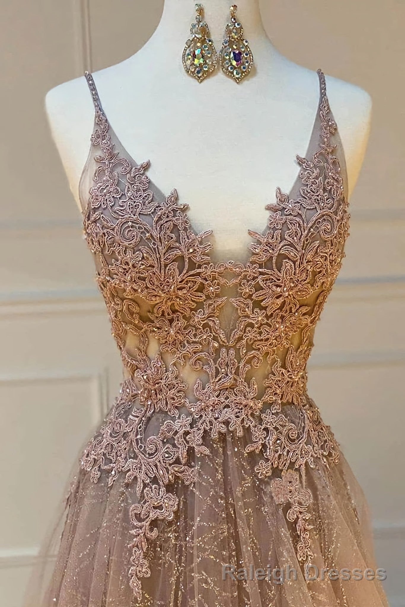 Sparkly Spaghetti Straps V Neck Lace Appliques Prom Dresses, Long Prom Dresses