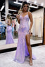 Lilac V Neck Sequin Lace Long Prom Dresses With Split