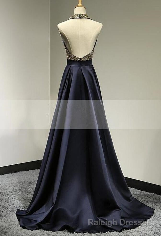 Halter Beading Backless Sweep Train A Line Satin Prom Dresses