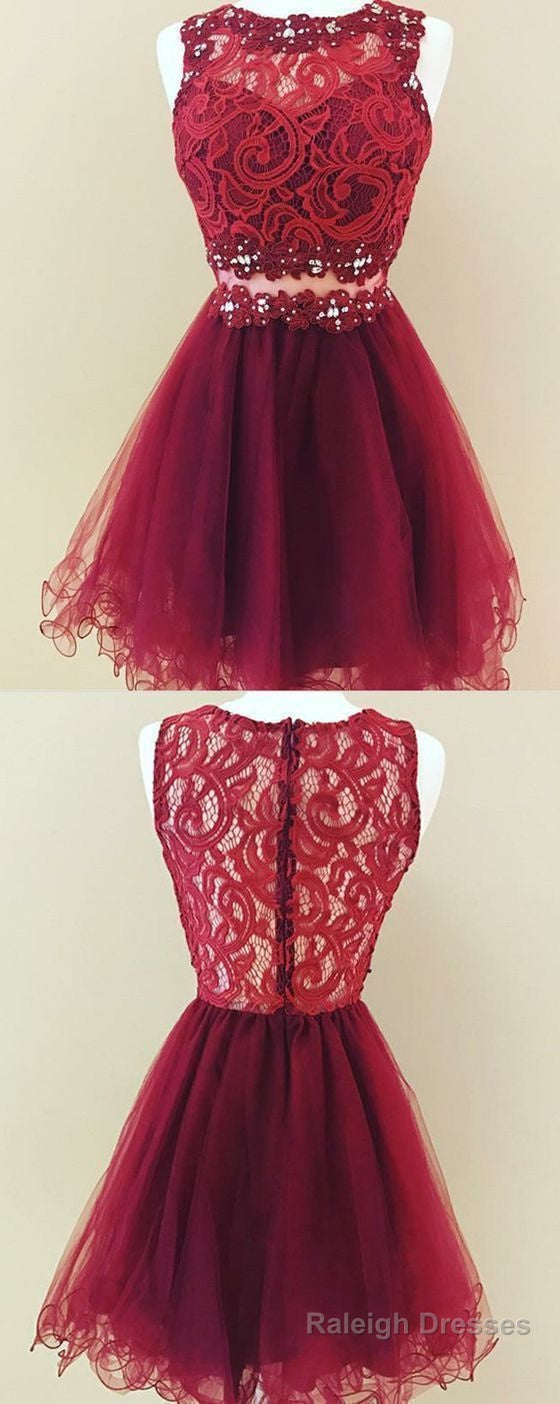 A Line Jewel Short Burgundy Tulle Homecoming Dress With Lace Sequins Main image
