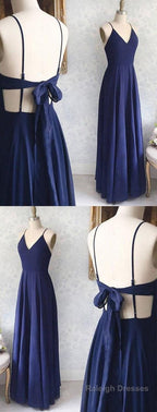 Great Evening Dresses, Backless Sexy Spaghetti Straps Backless Navy Blue Chiffon A Line Floor Length Prom Dress