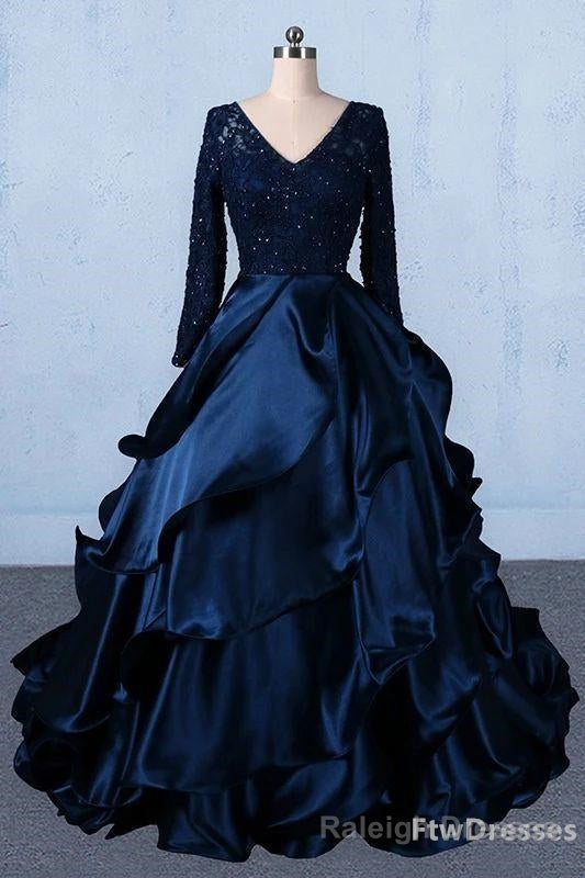 formal v neck beading lace satin backless ball Gowns prom dresses with sleeves Main image