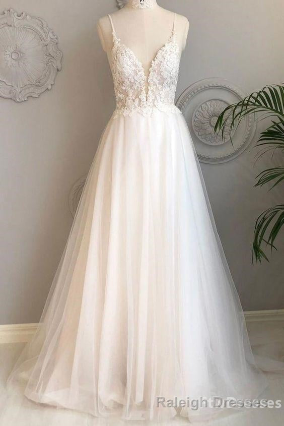 white v neck tulle lace long prom dress Main image