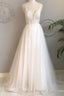 white v neck tulle lace long prom dress