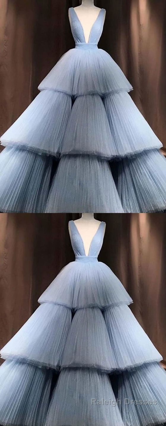 Blue V Neck Tulle Long Prom Dress, Blue Tulle Evening Dress Main image