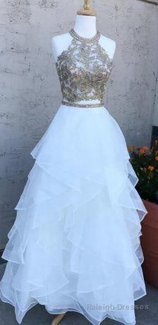 White Two Pieces Beaded Halter Long Prom Dress Main image