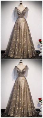 Elegant V Neck Gray Gold Tulle Lace Long Prom Dress, Tulle Formal Dress