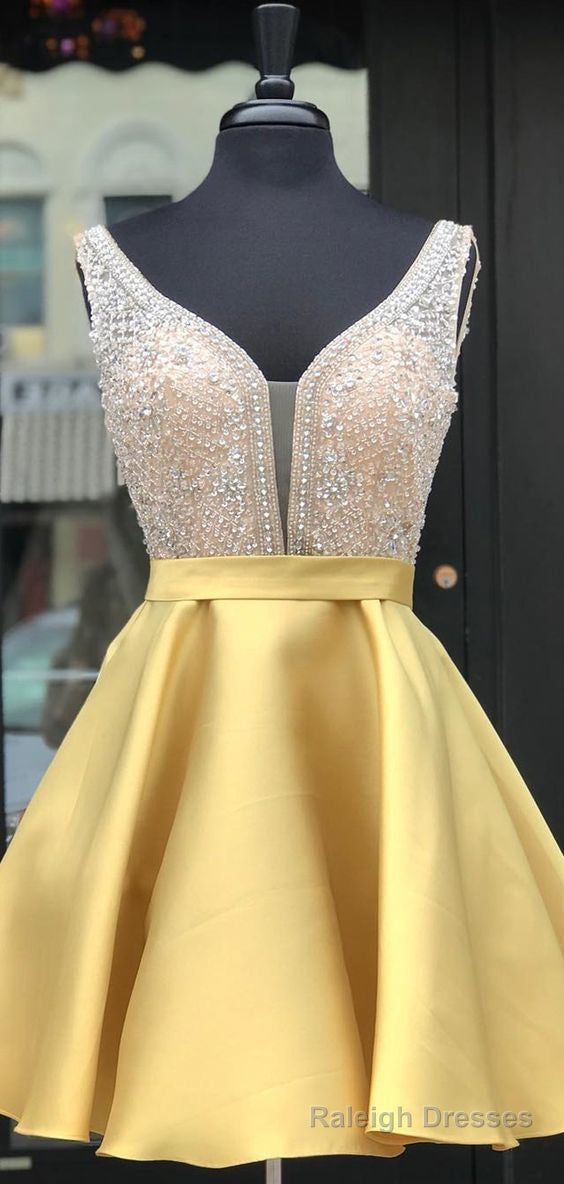 V Neck Beaded Satin Homecoming Dress With Pocket Main image